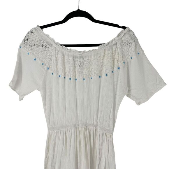 220 Hickory Maxi Dress White Off The Shoulder Turquoise Bead Size S Ruffle Crepe - Picture 3 of 12